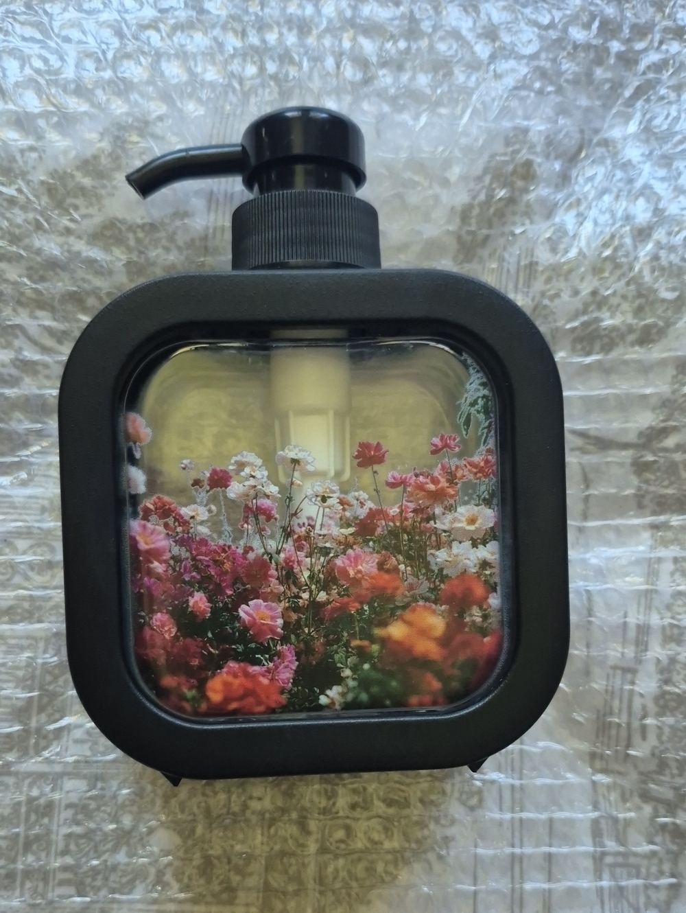 Boho Floral Square Soap Dispenser in Black